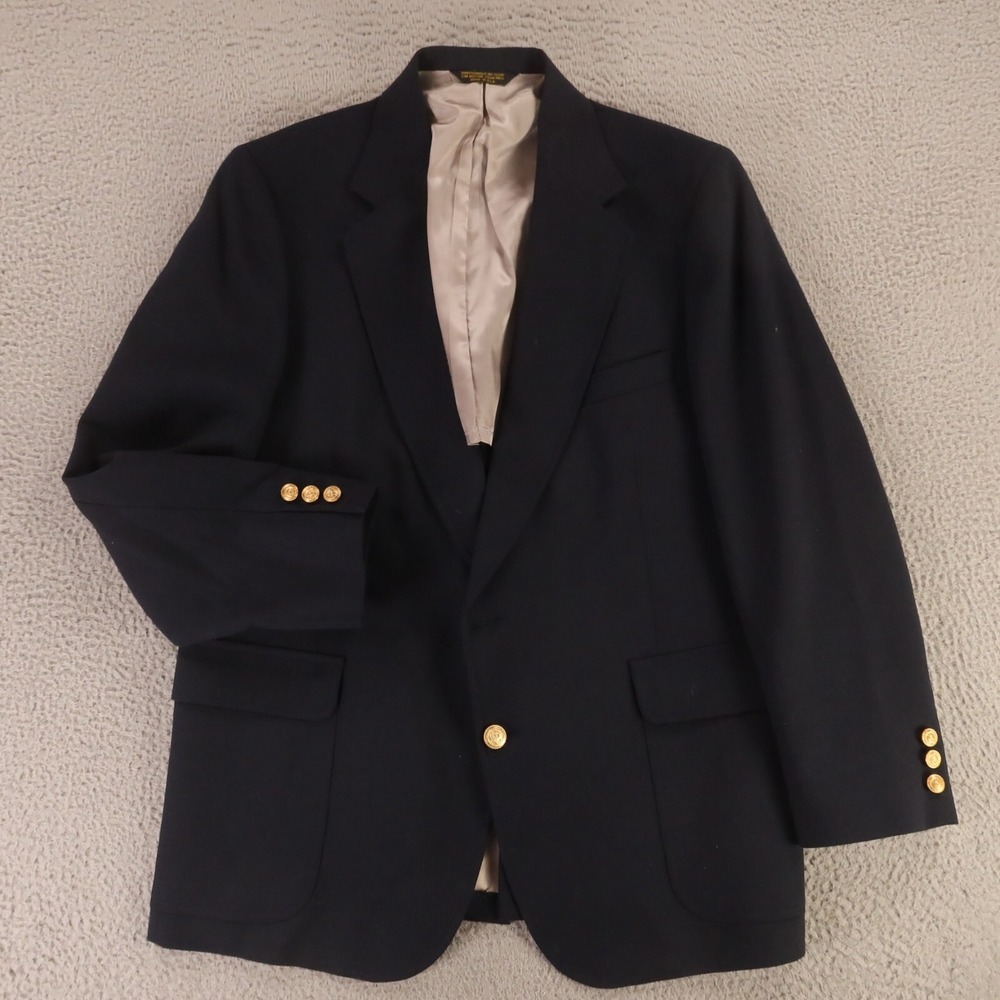 VTG Hopsack Jacket XL Blue Wool Blend Blazer 1/4 Lined Crested Buttons USA 42R